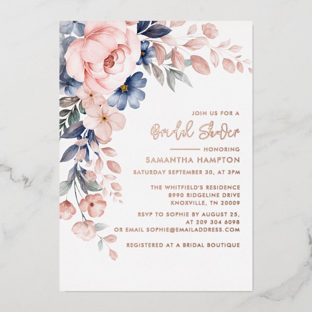 Soft Pink Floral Bridal Shower Rose Gold Foil Invitation (Front)