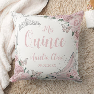 Soft Pink Floral Cinderella Slipper Quinceañera XV Throw Pillow