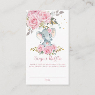 Soft Pink Floral Cute Elephant Baby Diaper Raffle Enclosure Card