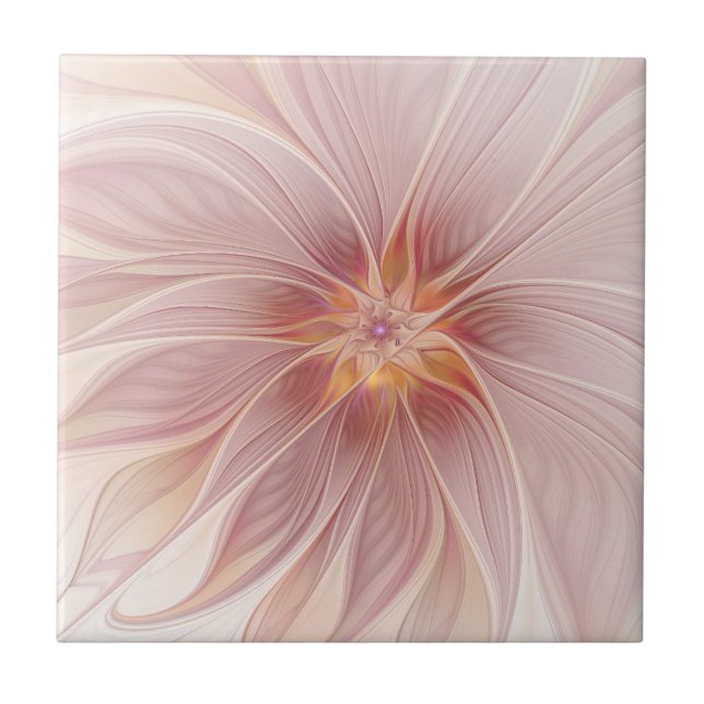 Soft Pink Floral Dream Abstract Fractal Art Flower Ceramic Tile (Front)