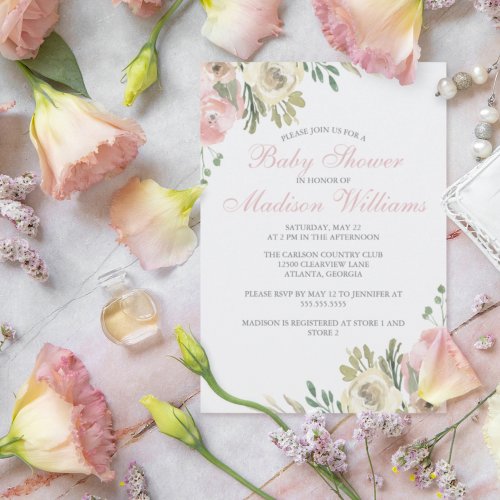 Soft Pink Floral Elegant Girl Spring Baby Shower Invitation