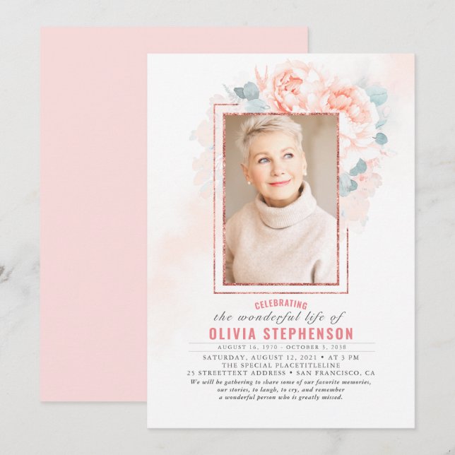 Soft Pink Floral Faded Foliage Funeral Photo Invitation (Front/Back)