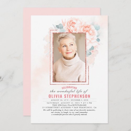 Soft Pink Floral Faded Foliage Funeral Photo Invitation