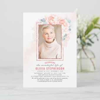 Soft Pink Floral Faded Foliage Funeral Photo Invitation | Zazzle