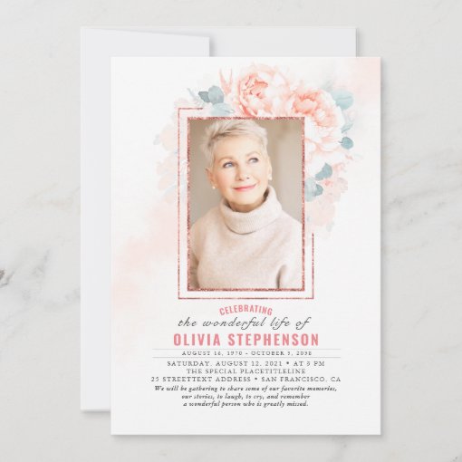 Soft Pink Floral Faded Foliage Funeral Photo Invitation | Zazzle