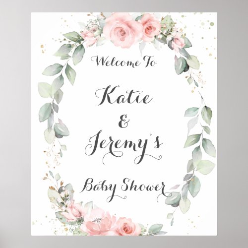 Soft Pink Floral Greenery Baby Shower Welcome Poster