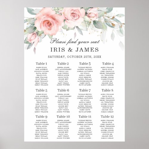 Soft Pink Floral Greenery Wedding Seating Chart