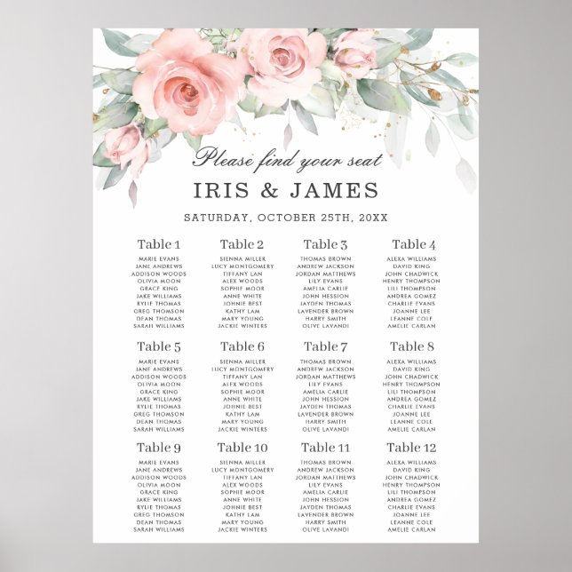 Soft Pink Floral Greenery Wedding Seating Chart (Front)