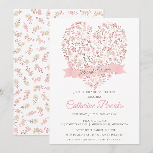Soft Pink Floral Heart Bridal Shower Invitation (Front/Back)