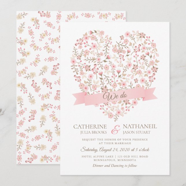 Soft Pink Floral Heart Wedding Invitation (Front/Back)