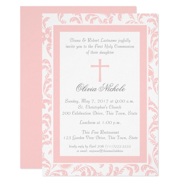 Soft Pink Floral Paisley First Communion Invitation