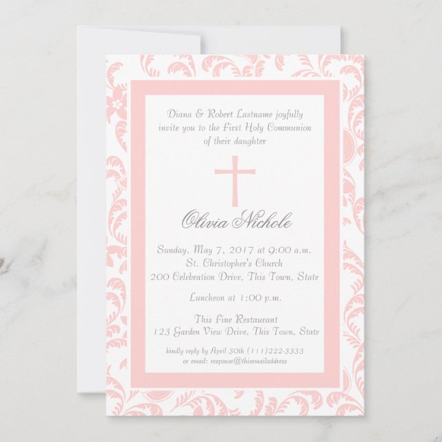 Soft Pink Floral Paisley First Communion Invitation (Front)