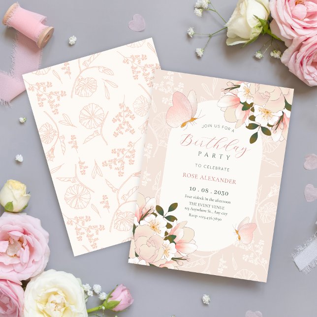 Soft pink floral pattern birthday invitation (Creator Uploaded)