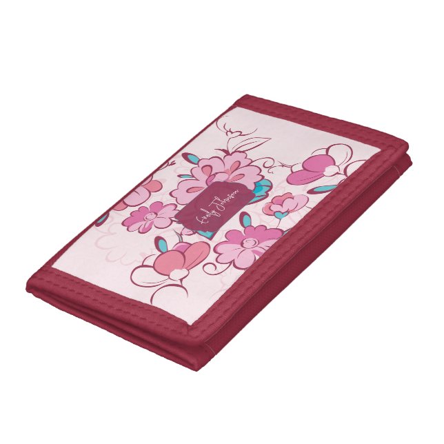 Soft Pink Floral Pattern Script Custom Name Trifold Wallet (Bottom)