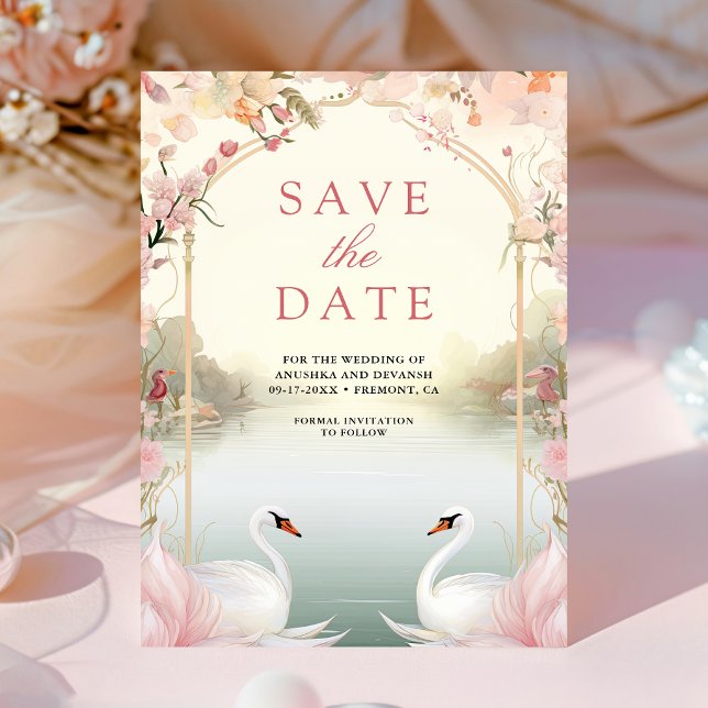 Soft Pink Floral Romantic Swans Indian Wedding Save The Date (Creator Uploaded)