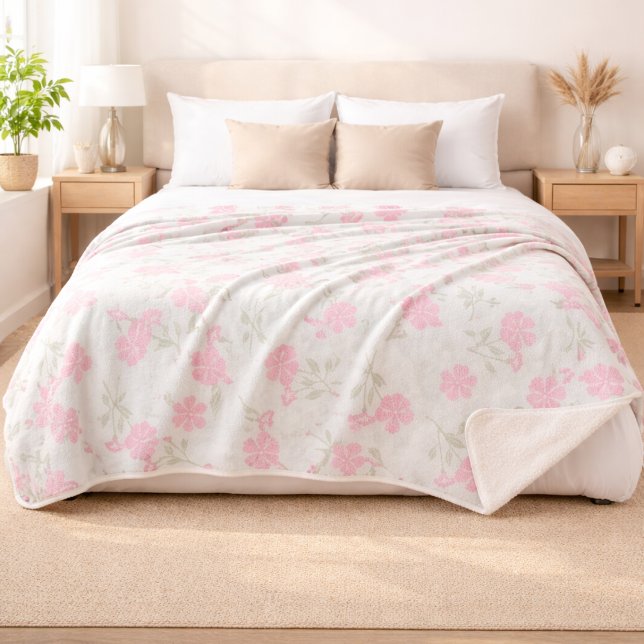 Soft Pink Floral Sherpa Blanket (Front View (Bed))
