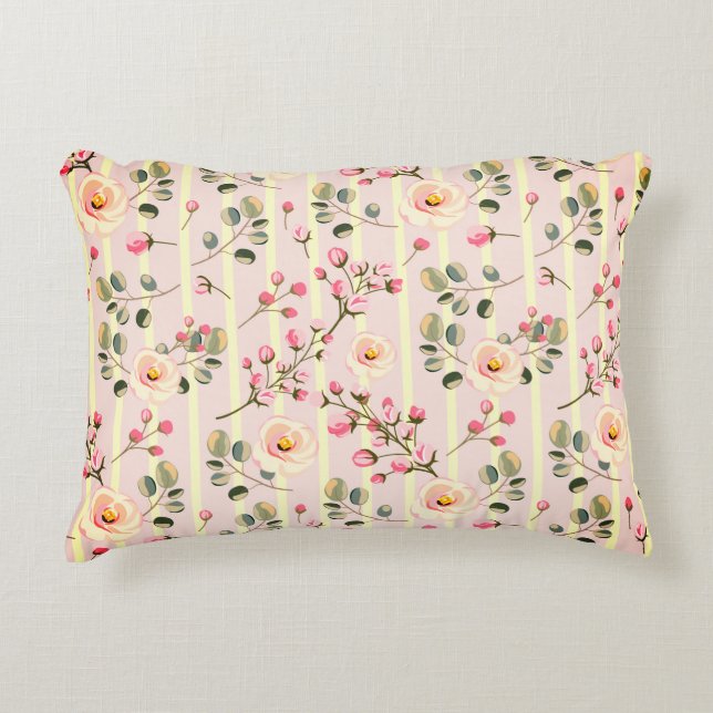 Soft Pink Floral Stripe Pattern Accent Pillow (Front)