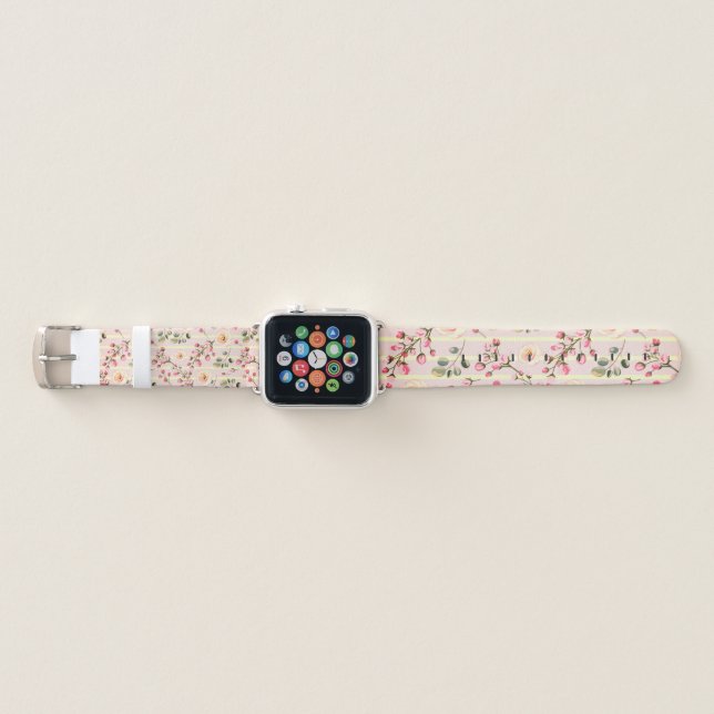 Soft Pink Floral Stripe Pattern Apple Watch Band (Front)