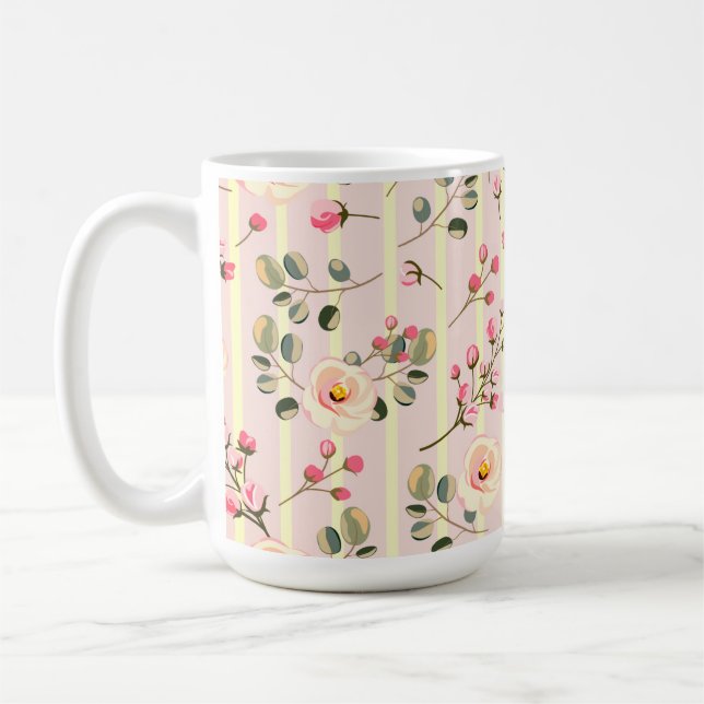 Soft Pink Floral Stripe Pattern Coffee Mug (Left)