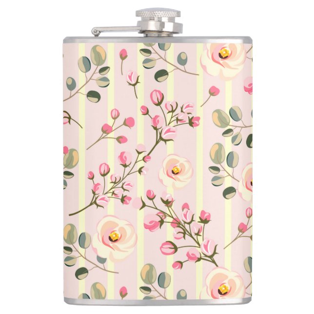 Soft Pink Floral Stripe Pattern Flask (Front)