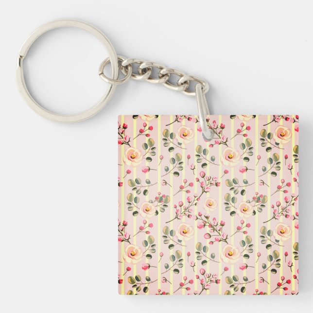 Soft Pink Floral Stripe Pattern Keychain (Front)