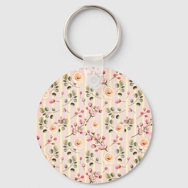 Soft Pink Floral Stripe Pattern Keychain (Front)