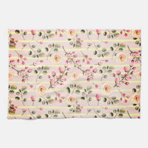 Soft Pink Floral Stripe Pattern Kitchen Towel