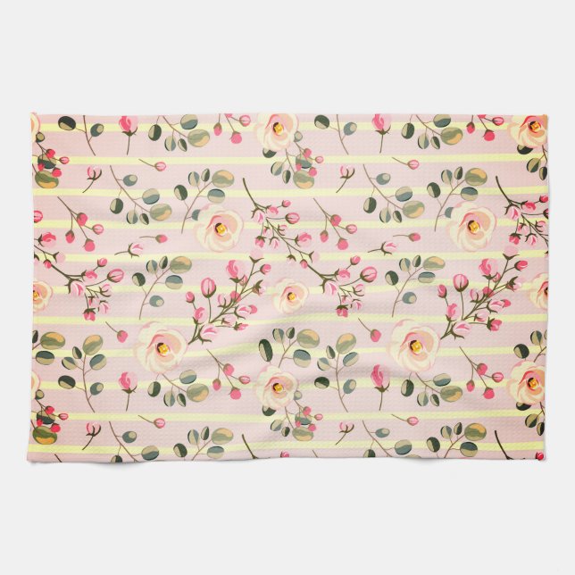 Soft Pink Floral Stripe Pattern Kitchen Towel (Horizontal)