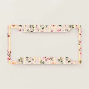 Soft Pink Floral Stripe Pattern License Plate Frame