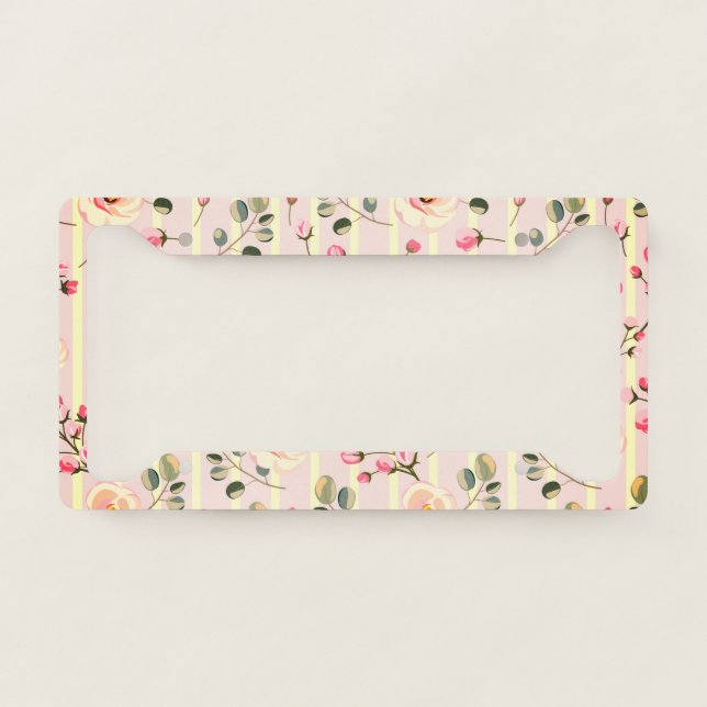 Soft Pink Floral Stripe Pattern License Plate Frame (Front)