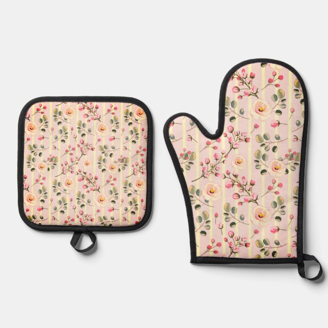 Soft Pink Floral Stripe Pattern Oven Mitt & Pot Holder Set (Front)