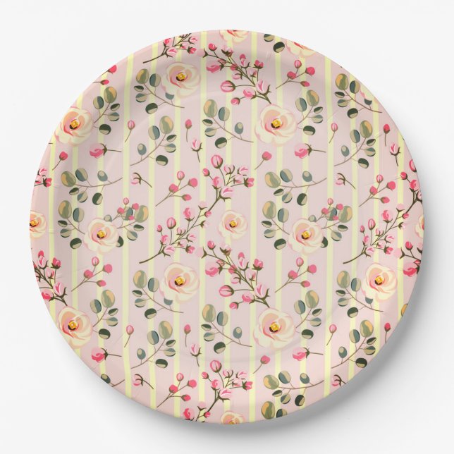 Soft Pink Floral Stripe Pattern Paper Plates (Front)