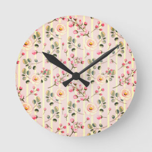 Soft Pink Floral Stripe Pattern Round Clock