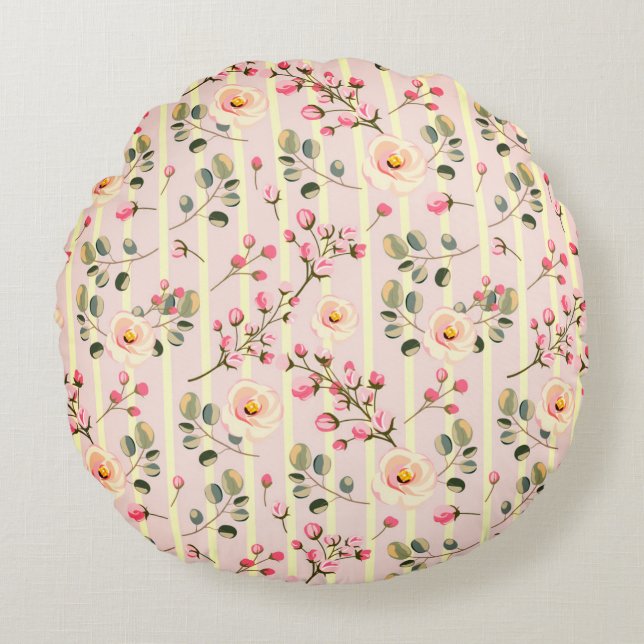 Soft Pink Floral Stripe Pattern Round Pillow (Front)