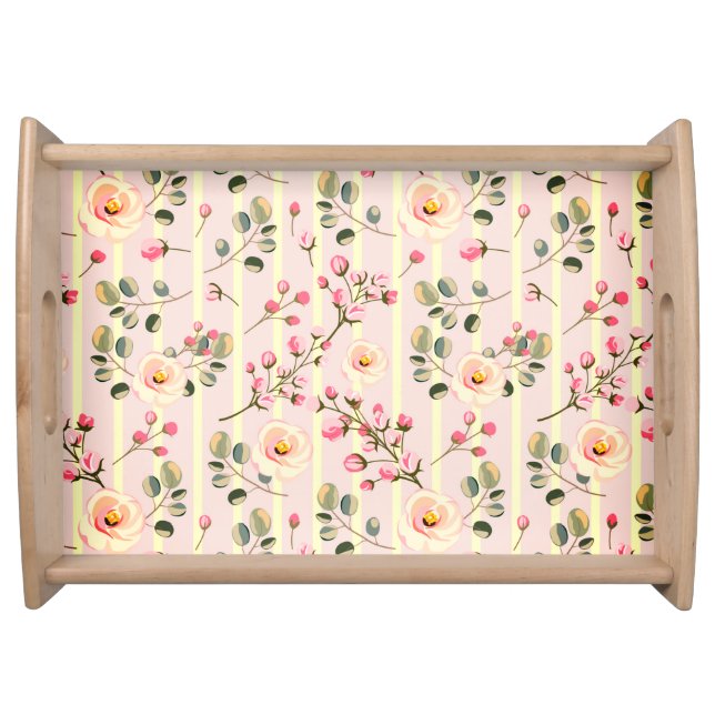 Soft Pink Floral Stripe Pattern Serving Tray (Front)