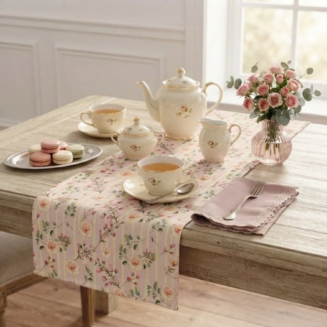 Soft Pink Floral Stripe Pattern Short Table Runner (Creator Uploaded)