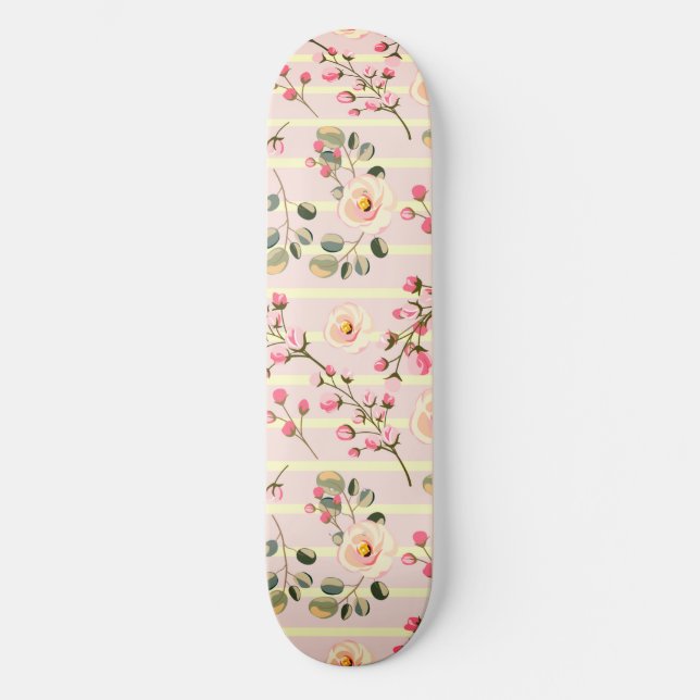 Soft Pink Floral Stripe Pattern Skateboard (Front)