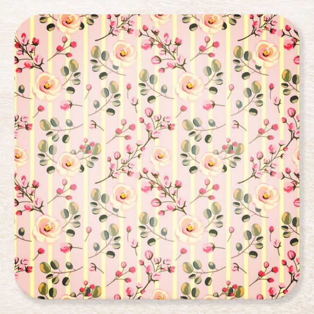 Soft Pink Floral Stripe Pattern Square Paper Coaster (Front)