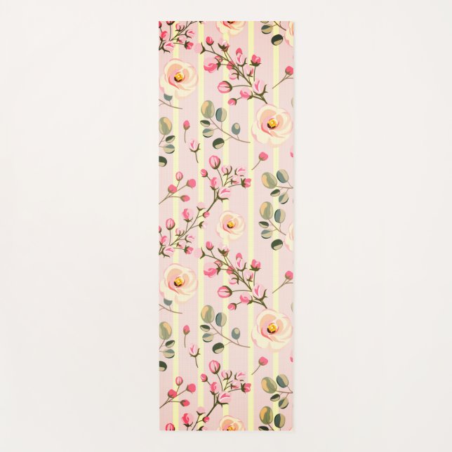 Soft Pink Floral Stripe Pattern Yoga Mat (Front)