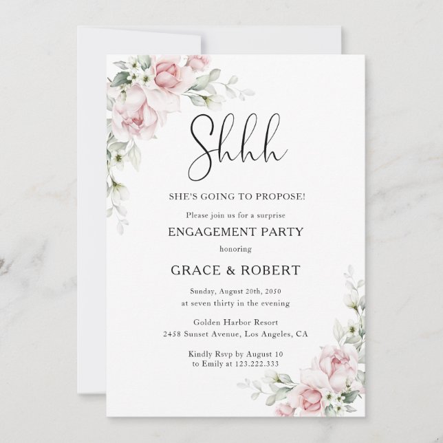 Soft Pink Floral Surprise Engagement Party  Invitation (Front)