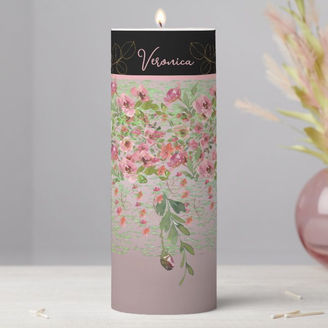 Soft Pink floral Tall Pillar Candle (In Situ)