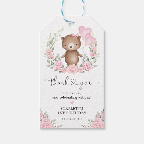 Soft Pink Floral Teddy Bear Girl Birthday Party Gift Tags