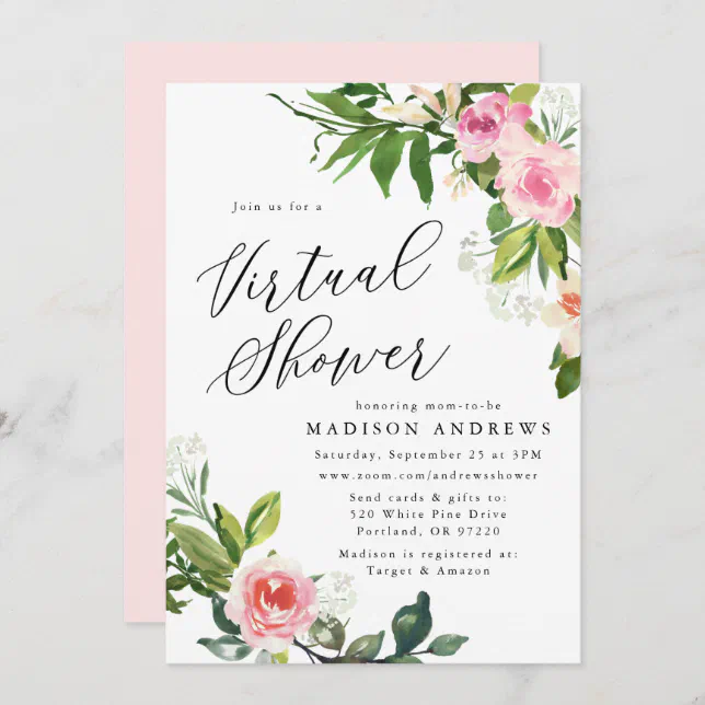 Soft Pink Floral Virtual Baby Shower Invitation | Zazzle