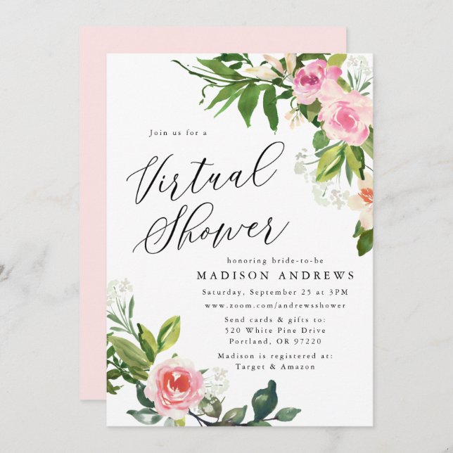 Soft Pink Floral Virtual Bridal Shower Invitation (Front/Back)