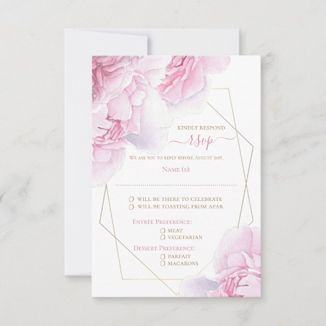 Soft pink floral watercolor peony wedding RSVP (Front)