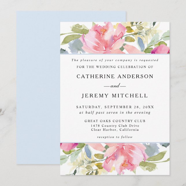 Soft Pink Floral Watercolor Wedding Invitation (Front/Back)