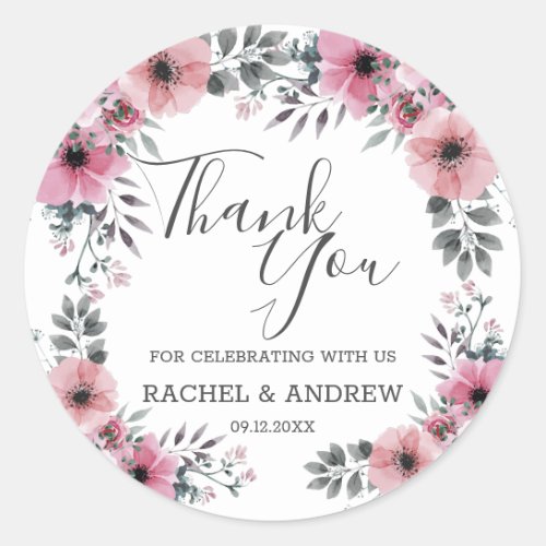 Soft Pink Floral Watercolor Wedding Thank You Classic Round Sticker
