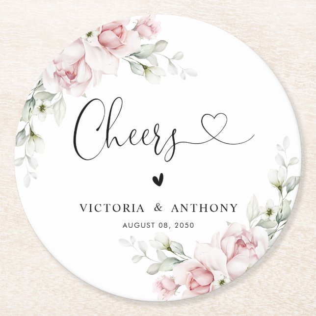Soft Pink Floral Wedding Cheers Round Coaster  (Front)