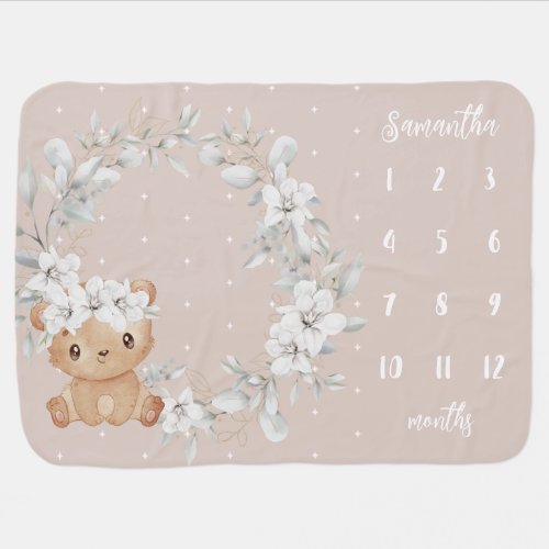 Soft pink floral with bear month milestone baby blanket