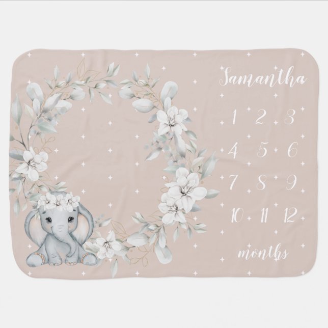 Soft pink floral with elephant month milestone baby blanket (Horizontal)